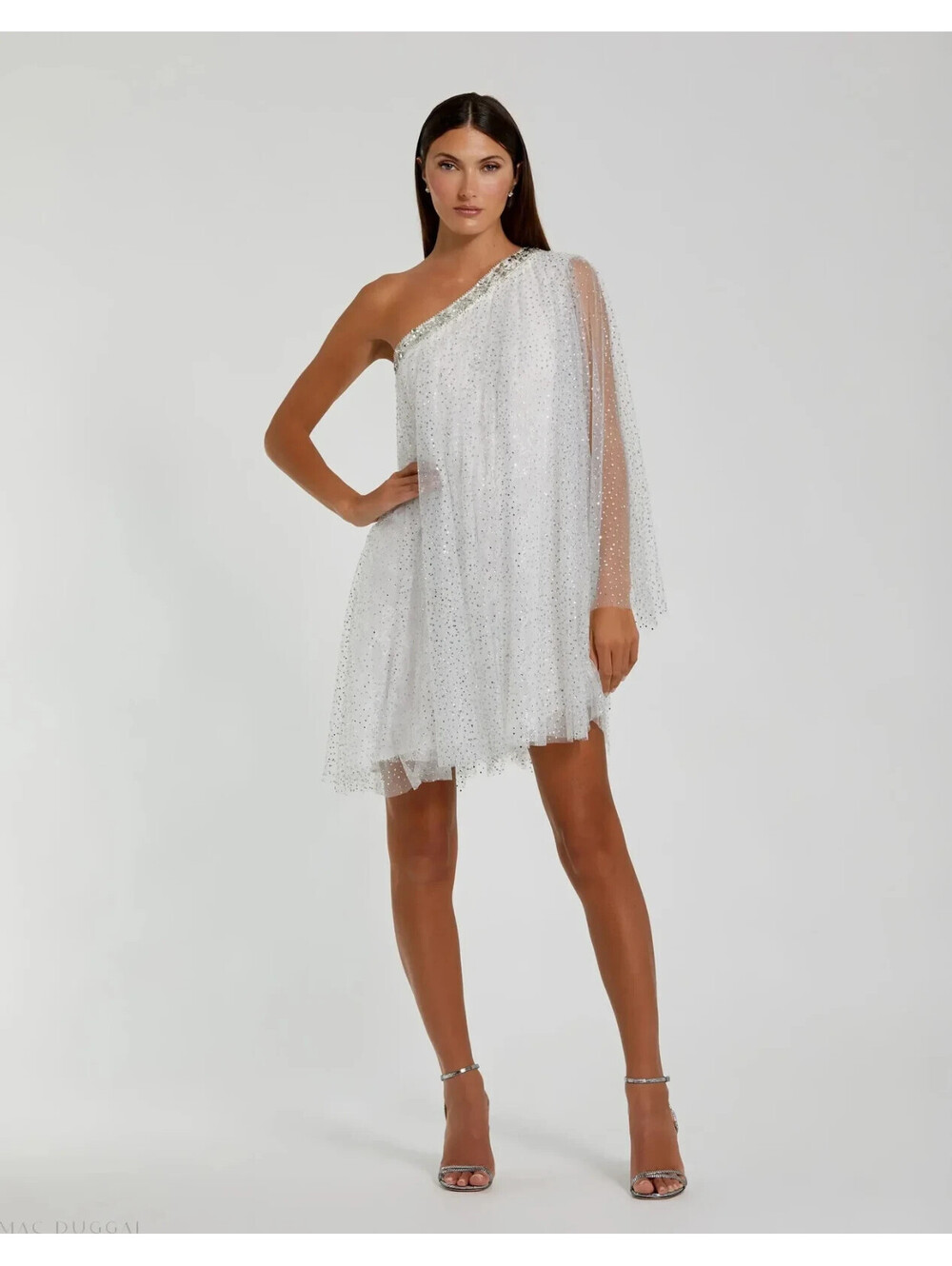 NEW, Mac Duggal White One Shoulder Embellished Tulle Mini Dress Sz 6 #MD2513
